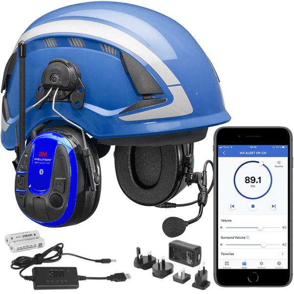 3M Peltor WS Alert XPI Hörselskyddspaket blå skyddshjälm mobilapp & laddpaket