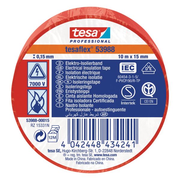 Tesa Tesaflex 53988 Isoleringstejp röd 10 m x 15 mm