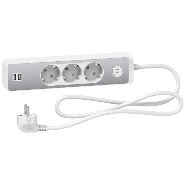 Schneider Electric Unica Extend Grenuttag jordat 2xUSB vit/alu 1.5 m 3-vägs