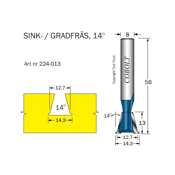 Cobolt 224-013 Sinkfräs 14° D=12,7/14,3 L=13 TL=58 S=8