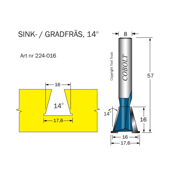 Cobolt 224-016 Sinkfräs 14° D=16/17,6 L=16 TL=57 S=8