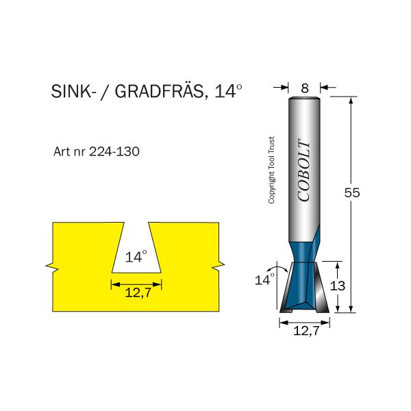 Cobolt 224-130 Sinkfräs 14° D=12,7 L=13 TL=55 S=8