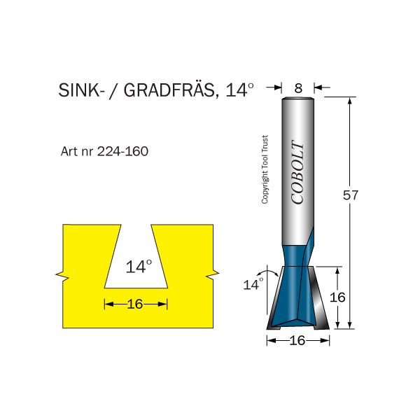 Cobolt 224-160 Sinkfräs 14° D=16 L=16 TL=57 S=8