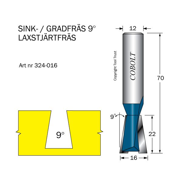 Cobolt 324-016 Sinkfräs 9° D=16 L=22 TL=70 S=12