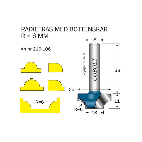 Cobolt 216-106 Radiefräs R=6 D=25/13 L=11