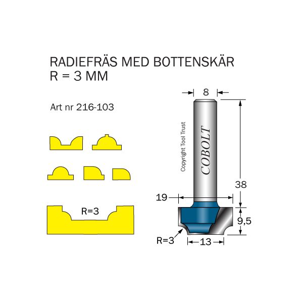 Cobolt 216-103 Radiefräs R=3 D=19/13 L=9,5