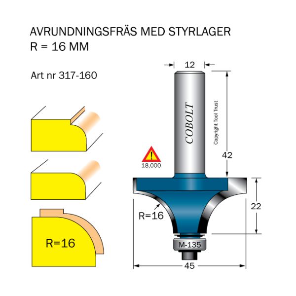 Cobolt 317-160 Avrundningsfräs R=16 D=45 L=22