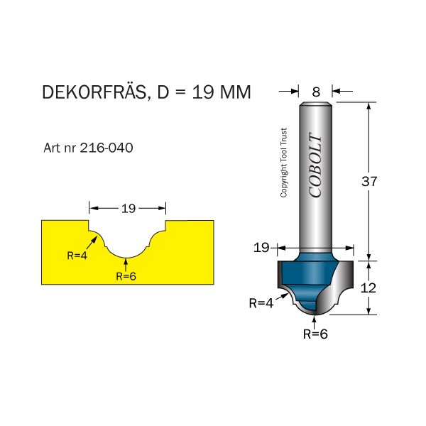 Cobolt 216-040 Dekorfräs R=4/6 D=19 L=12