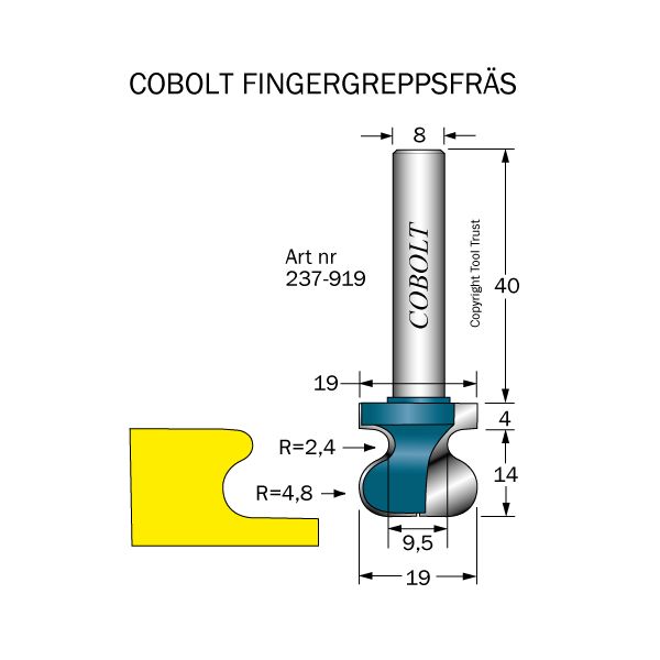 Cobolt 237-919 Fingergreppsfräs R=4,8 D=19 L=18