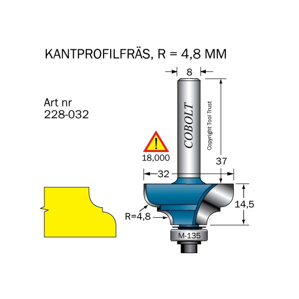 Cobolt 228-032 Profilfräs D=32 L=14,5 R=4,8