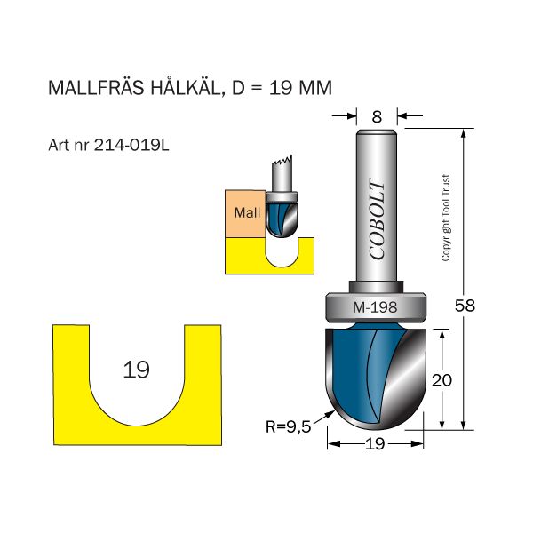 Cobolt 214-019L Hålkälsfräs R=9,5 D=19 L=20