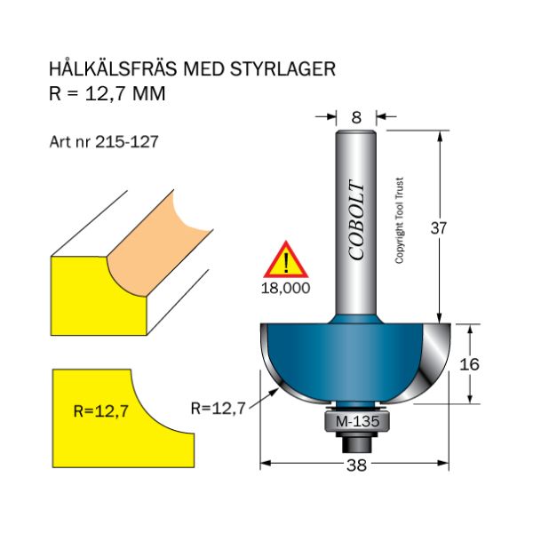 Cobolt 215-127 Hålkälsfräs R=12,7 D=38 L=16