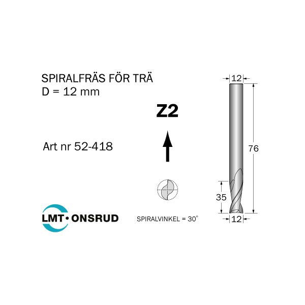 Cobolt 52-418 Spiralfräs D=12 L=35 TL=76 Z=2 S=12