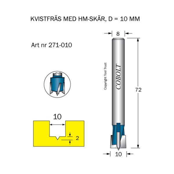 Cobolt 271-010 Kvistfräs D=10 TL=72 S=8