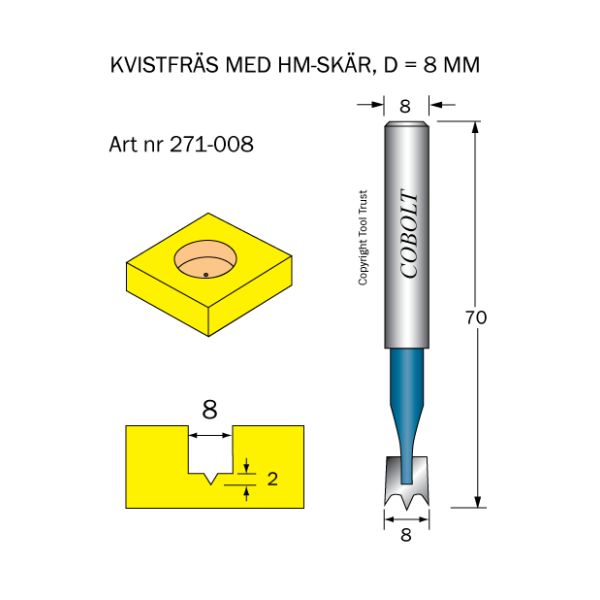 Cobolt 271-008 Kvistfräs D=8 TL=70 S=8