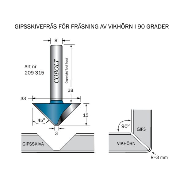 Cobolt 209-315 Gipskivefräs 45° D=33 L=15 TL=53 S=8