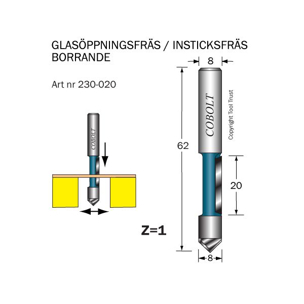 Cobolt 230-020 Insticksfräs D=8 L=20 TL=63 Z=1 S=8