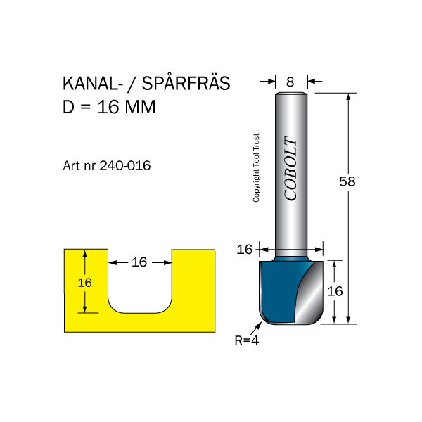 Cobolt 240-016 Kanalfräs D=16 R=4 L=16