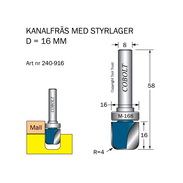 Cobolt 240-916 Kanalfräs D=16 R=4 L=16