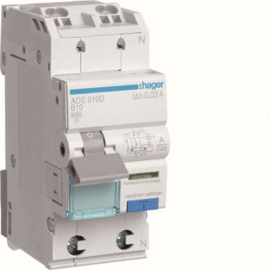 Hager ADS916D Personbeskyttelsesautomat 1-polet, type A, 30 mA, B-karakteristikk