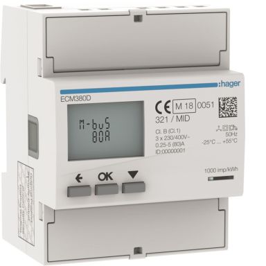 Hager ECM380D Energimätare 3-fas, MBUS, 80 A, 110-400 V, IP20