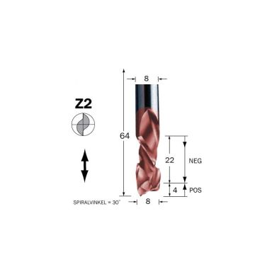 Cobolt 60-153MC Spiralskærer D=8, L=22, TL=64, Z=2