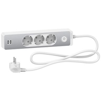 Schneider Electric Unica Extend Haaroitusjatkojohto maadoitettu, 2xUSB, valk/alu, 1.5 m