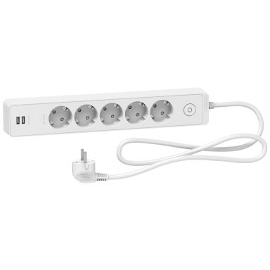 Schneider Electric Unica Extend Haaroitusjatkojohto 5-osainen, maadoitettu, 2xUSB, 1.5 m