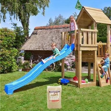 Jungle Gym Cubby Lektorn med 120 kg sand och blå rutschkana