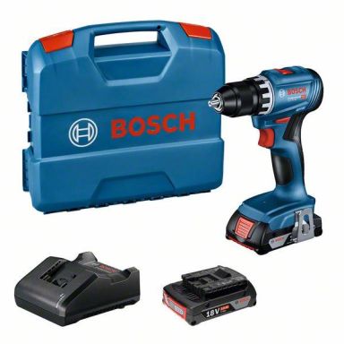Bosch GSR 18V-45 Bore-/skruemaskine med bæretaske, 2,0 Ah batterier og oplader