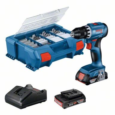 Bosch GSR 18V-45 Bore-/skruemaskine med tilbehør, 2,0 Ah batterier og oplader