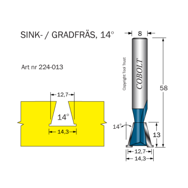 Cobolt 224-013 Vaskfræser 14° D=12,7/14,3 L=13 TL=58 S=8