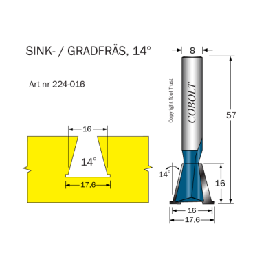 Cobolt 224-016 Vaskfræser 14° D=16/17,6 L=16 TL=57 S=8