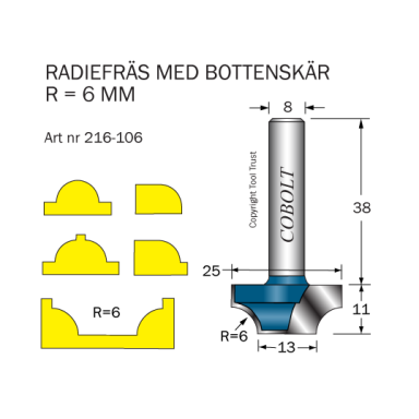 Cobolt 216-106 Radiusfræser R=6 D=25/13 L=11