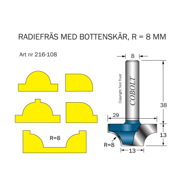 Cobolt 216-108 Radiusfræser R=8 D=29/13 L=13