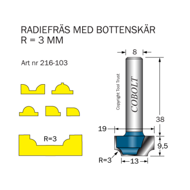 Cobolt 216-103 Radiusfræser R=3 D=19/13 L=9,5