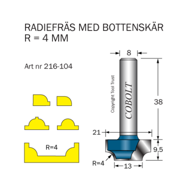 Cobolt 216-104 Radiusfræser R=4 D=21/13 L=9,5