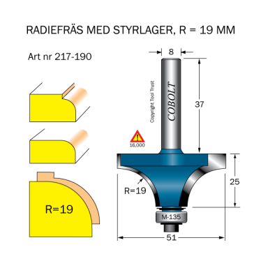 Cobolt 217-190 Afrundningsfræse R=19 D=51 L=25