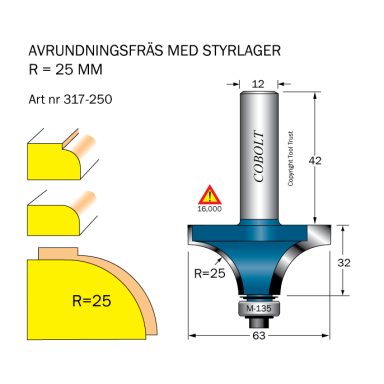 Cobolt 317-250 Afrundningsfræse R=25 D=63 L=32