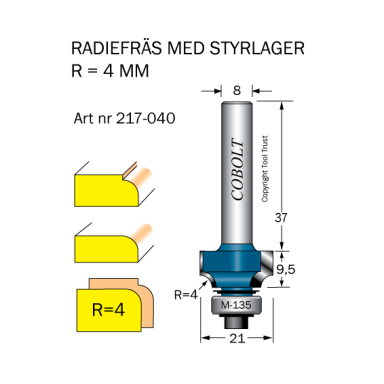 Cobolt 217-040 Afrundningsfræse R=4 D=21 L=9,5