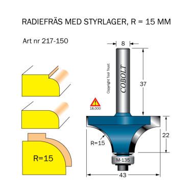 Cobolt 217-150 Afrundningsfræse R=15 D=43 L=22