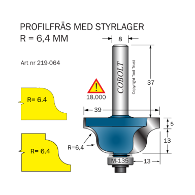 Cobolt 219-064 Profilfræser D=39 L=18 R=6,4