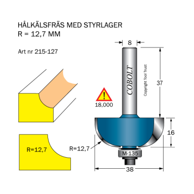 Cobolt 215-127 Hulskalfræser R=12,7 D=38 L=16