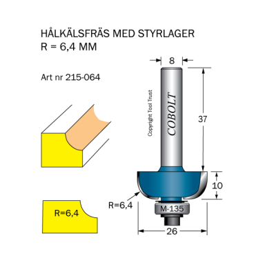 Cobolt 215-064 Hulskalfræser R=6,4 D=26 L=10