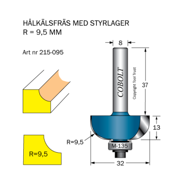 Cobolt 215-095 Hulskalfræser R=9,5 D=32 L=13