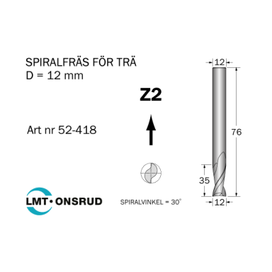 Cobolt 52-418 Spiralfræse D=12 L=35 TL=76 Z=2 S=12