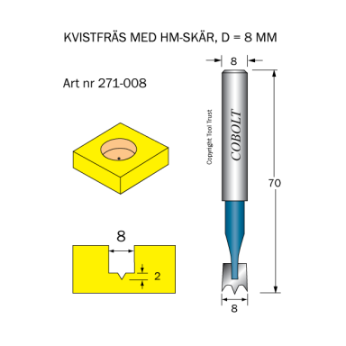 Cobolt 271-008 Kvistfræser D=8 TL=70 S=8