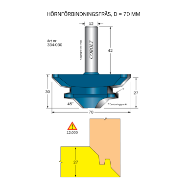 Cobolt 334-030 Hjørnefugefræser 45° D=70 L=30 TL=72 S=12