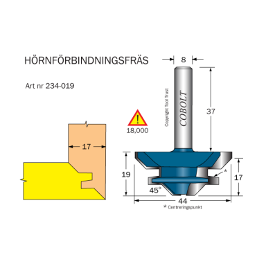 Cobolt 234-019 Hjørnefugefræser 45° D=44 L=19 TL=57 S=8