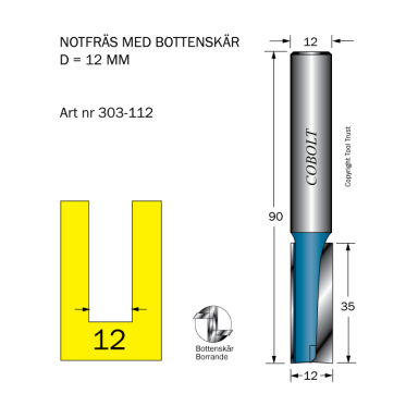Cobolt 303-112 Notfræser D=12 L=35 TL=90 S=12